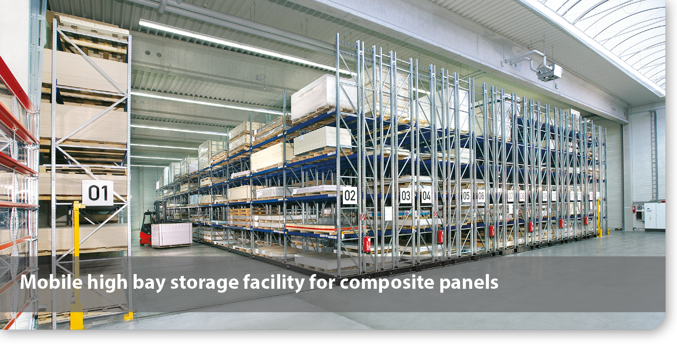 Mobile high bay storage facility for composite panels 